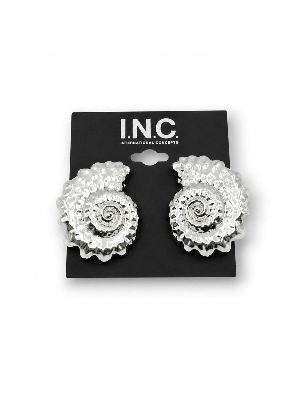 INC Rhodium Plated Textured Shell Spiral Statement Stud Earrings NWT